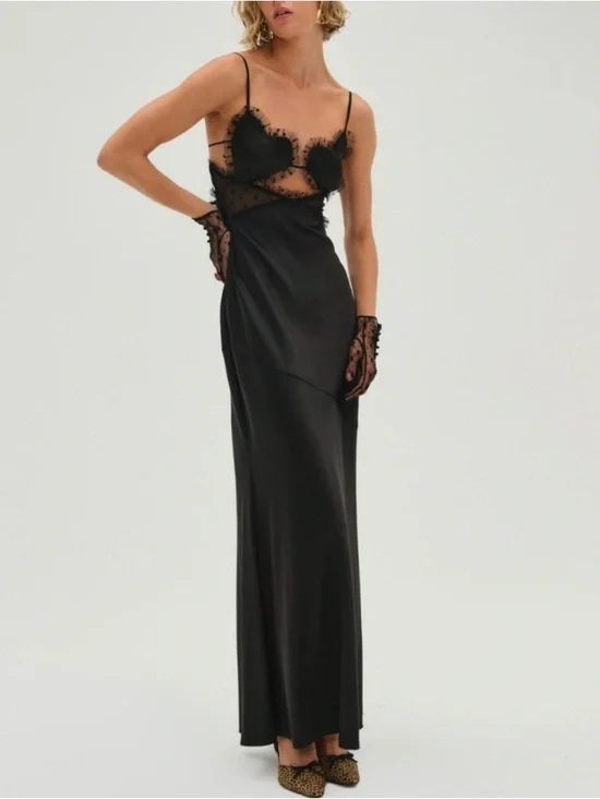 For Love & Lemons Val Heart Cup Dot Tulle Ruffle Satin Black Maxi Dress NEW - Picture 1 of 11